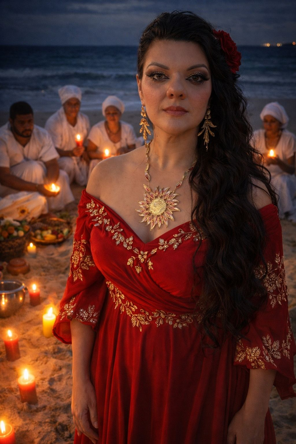 Mãe Júlia em ritual na praia, vestida de vermelho com colar dourado em forma de sol